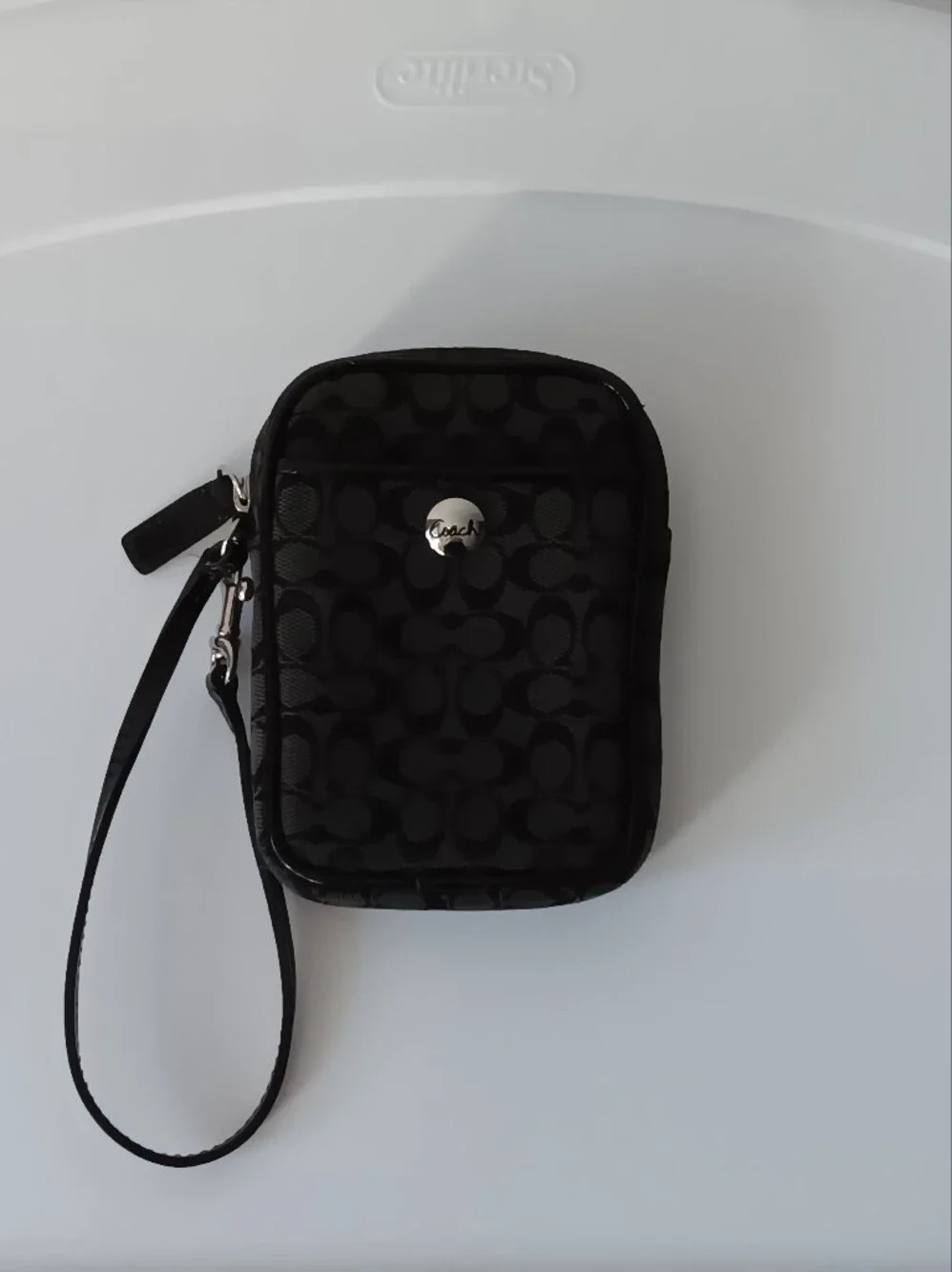 Vintage Coach Signature Canvas Leather Wristlet Phone Case Bag Black Silver
